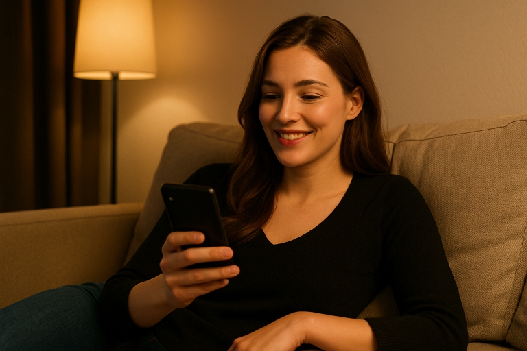 Attraktive deutsche Frau beim Online-Dating am Smartphone - lächelnd und selbstbewusst