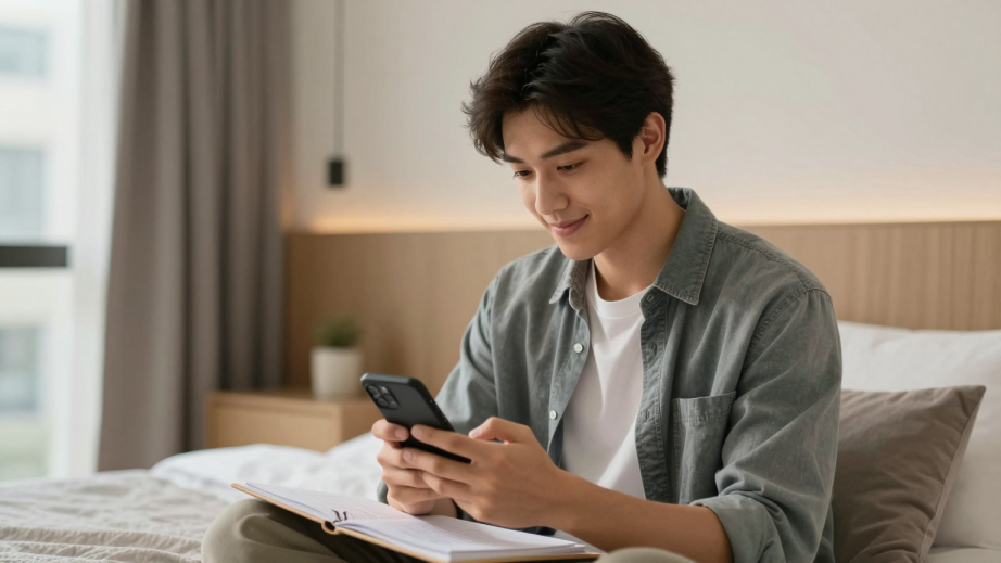 Mann schreibt Nachricht auf Smartphone - selbstbewusst und bereit