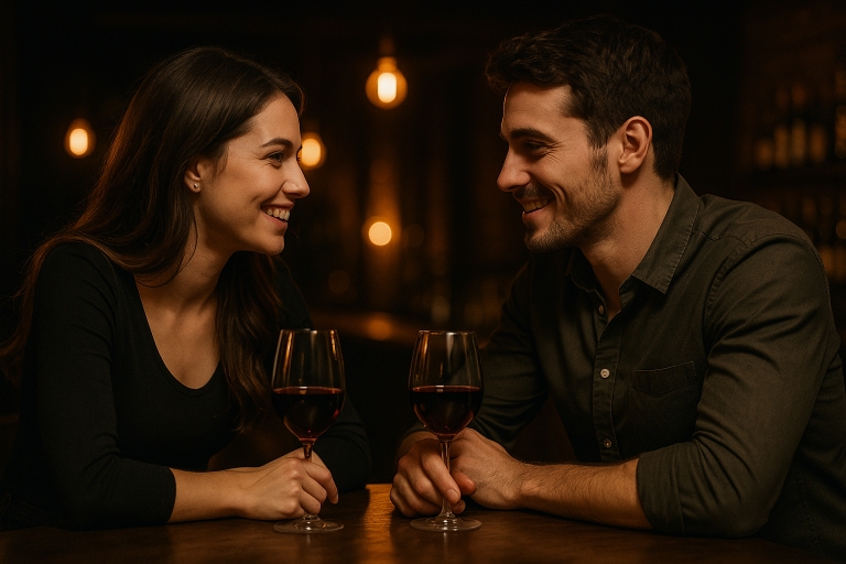 Junges Paar beim ersten Date in einer Bar - flirtende Atmosphäre und Chemie