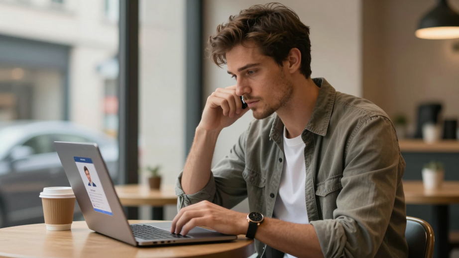 Mann erstellt Dating Profil am Laptop - selbstbewusst und bereit