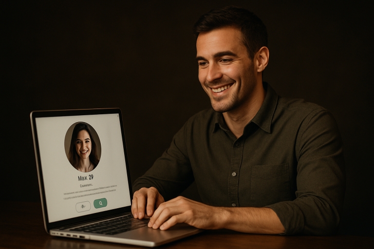 Selbstbewusster Mann beim Online-Dating - erfolgreiches Profil auf dem Laptop