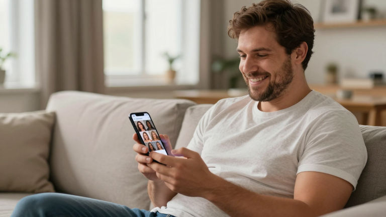 Mann mit Smartphone auf der Couch - erfolgreiches Dating mit ralligen Frauen via Dating-App