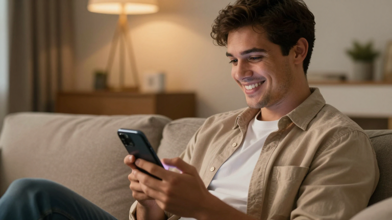 Mann mit Smartphone auf der Couch - erfolgreiches Dating mit ralligen Frauen via Dating-Plattform